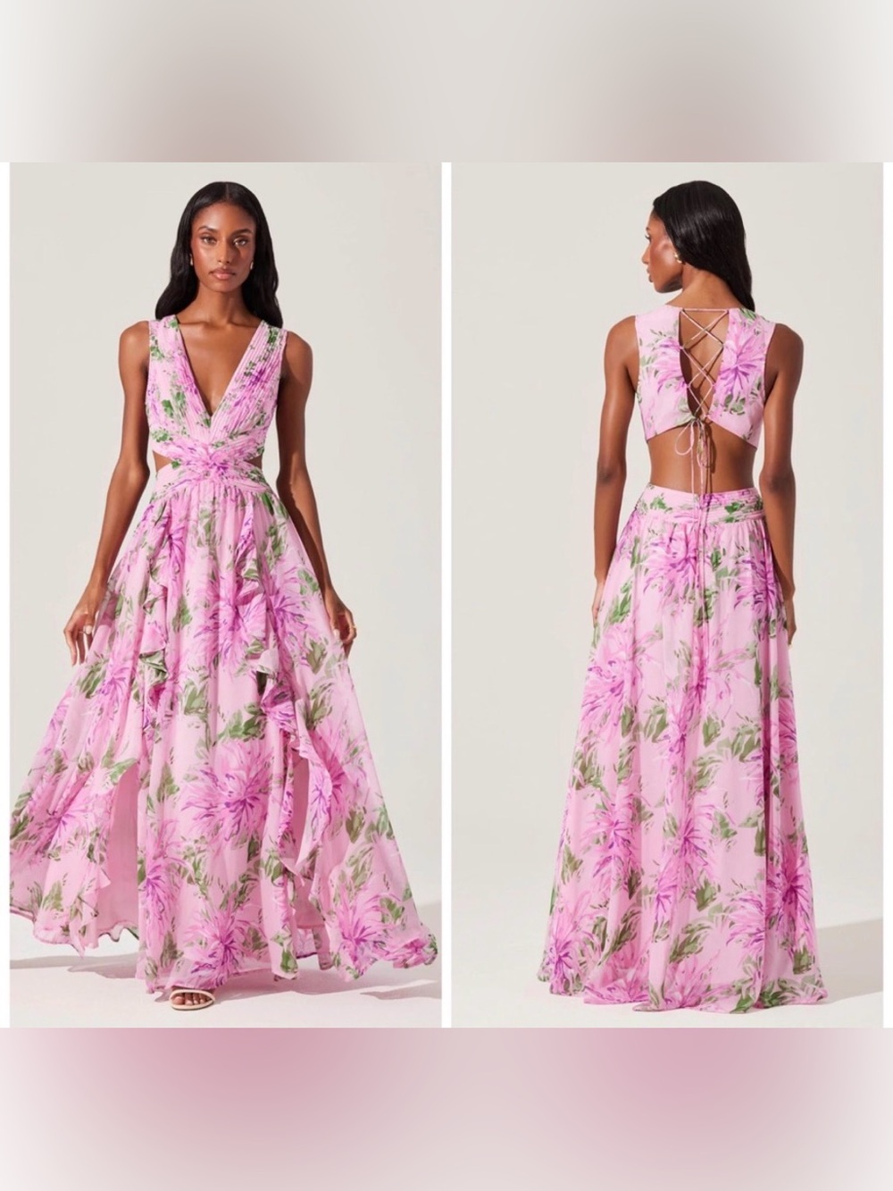 ASTR The Label Noya Maxi Dress Pink Floral Pleated Cut Out Lace Up XS